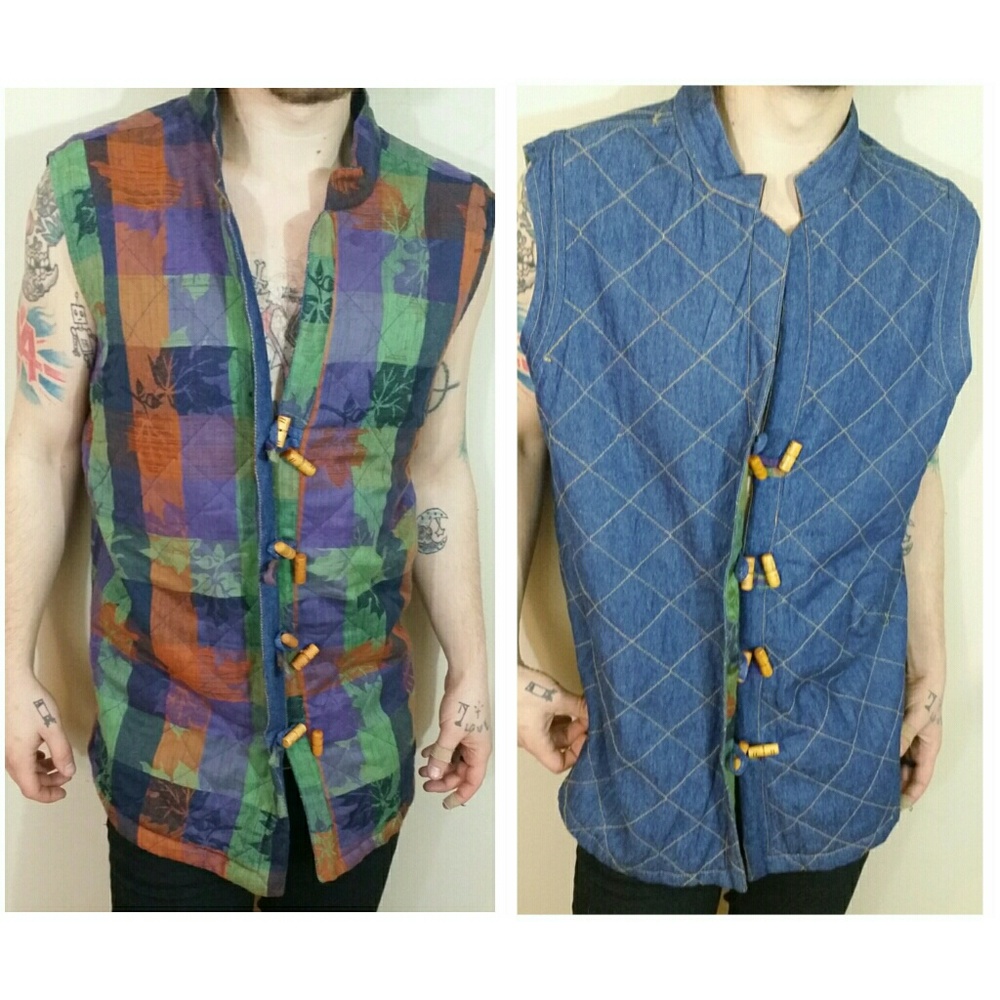 Vintage 60s hippy quilted reversible denim plaid v